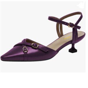 FSJ Purple Kitten Heels Slingback Pumps Pointed Toe Buckled Ankle Strap Shoes